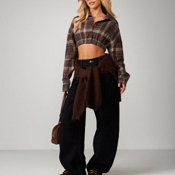 Multicolor Casual Women's Plaid Oversized Flannel Blouse - Picture 3 of 6